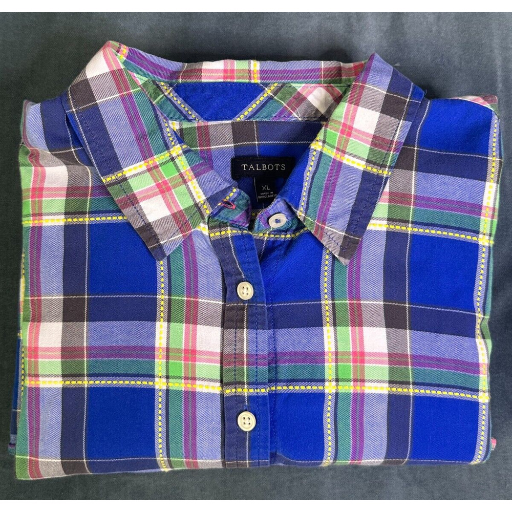 TALBOTS Womens XL Button Down Shirt Blue Green Yellow Plaid